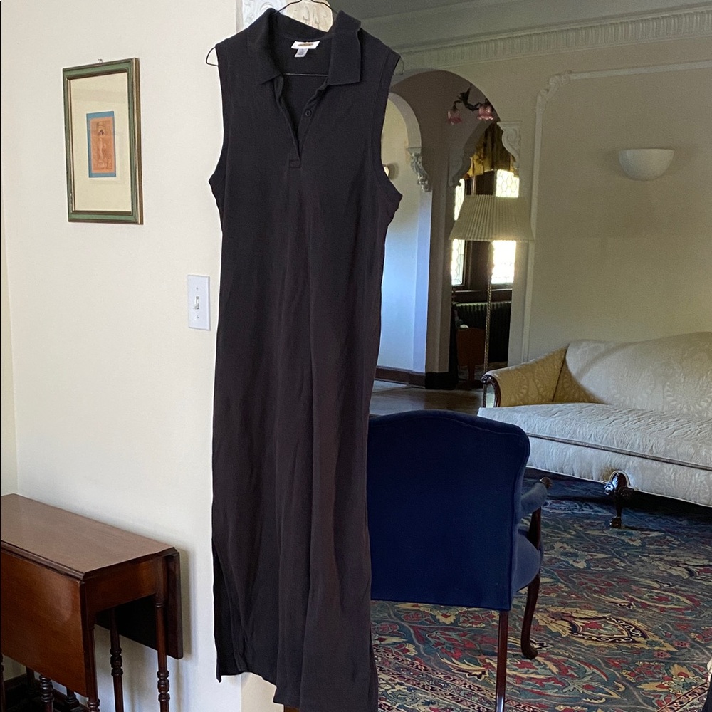 Talbots Black 100% Cotton Maxi Dress with Polo Style Collar & Side Slits L